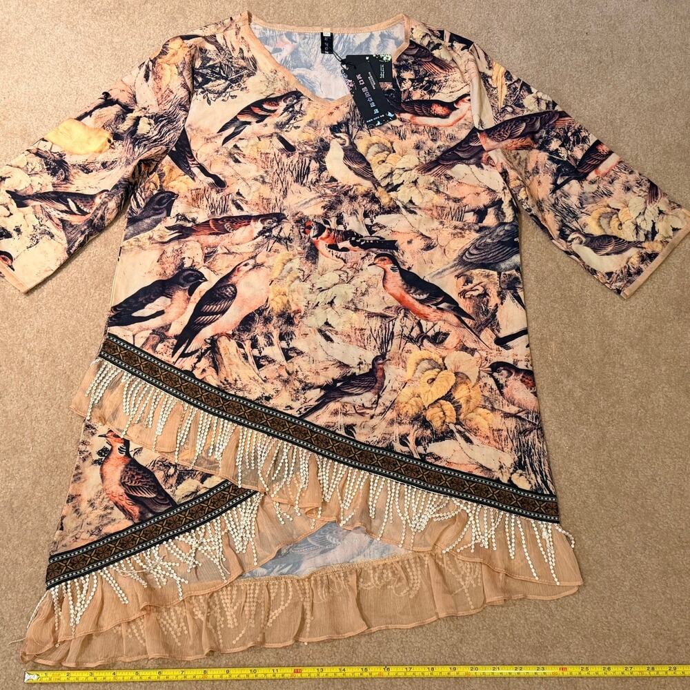 NWT Korean Brand Bird Print Tunic Top XXL V-Neck Beaded Fringe Asymmetric Hem